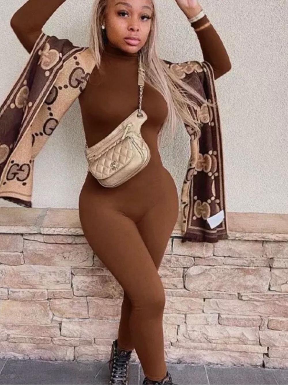 Women's Brown Long-Sleeve Fitted Bodysuit Top